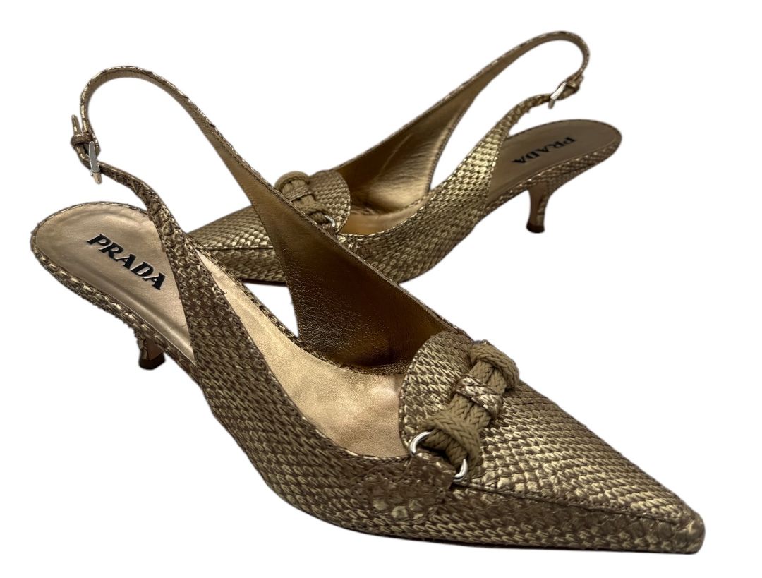 Prada Gold Textured Leather Slingback Kitten Heels – Size 40½