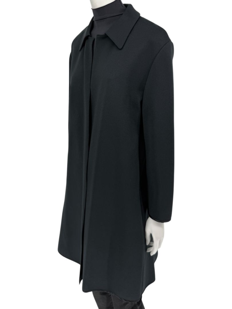 Pamella Roland Black Long Coat Minimalist Hidden Placket Shirt Collar - Large