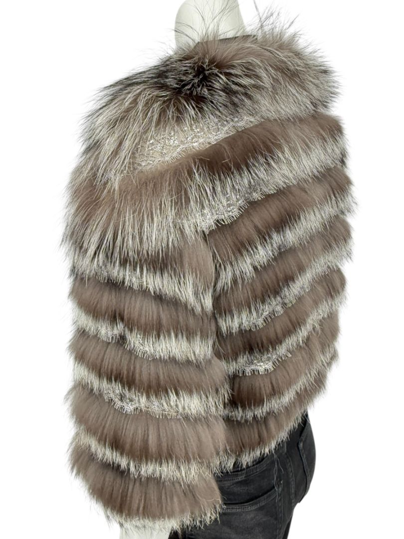 Pamella Roland Taupe Silver Fur Cape Style Jacket with Lace Trim – Sample Size Fits Like Large