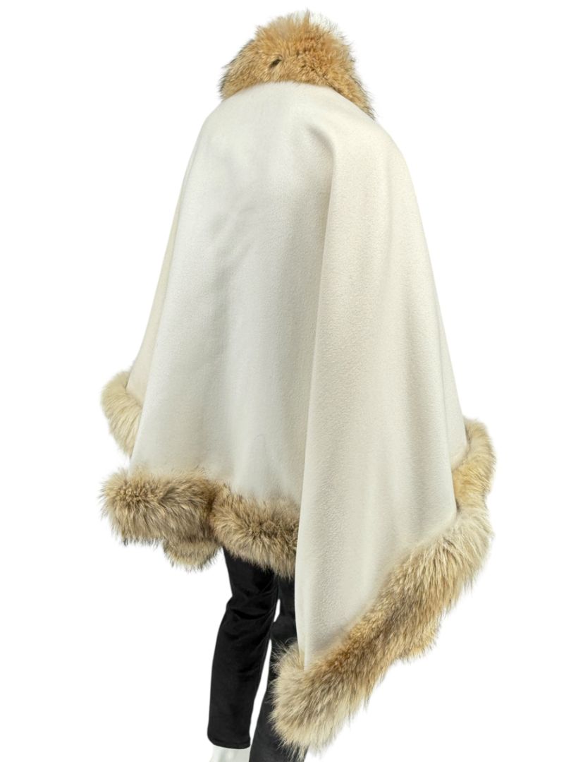 Pamella Roland Ivory Wool Cape Jacket with Natural Fur Trim – O/S