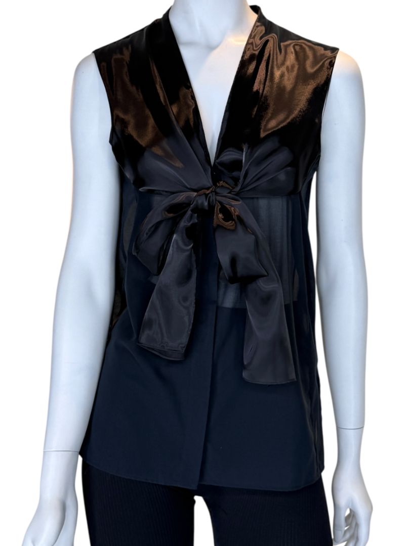 Akris Bergdorf Goodman Black Sleeveless Sheer Silk & Cotton Tie-Front Blouse – Size 10