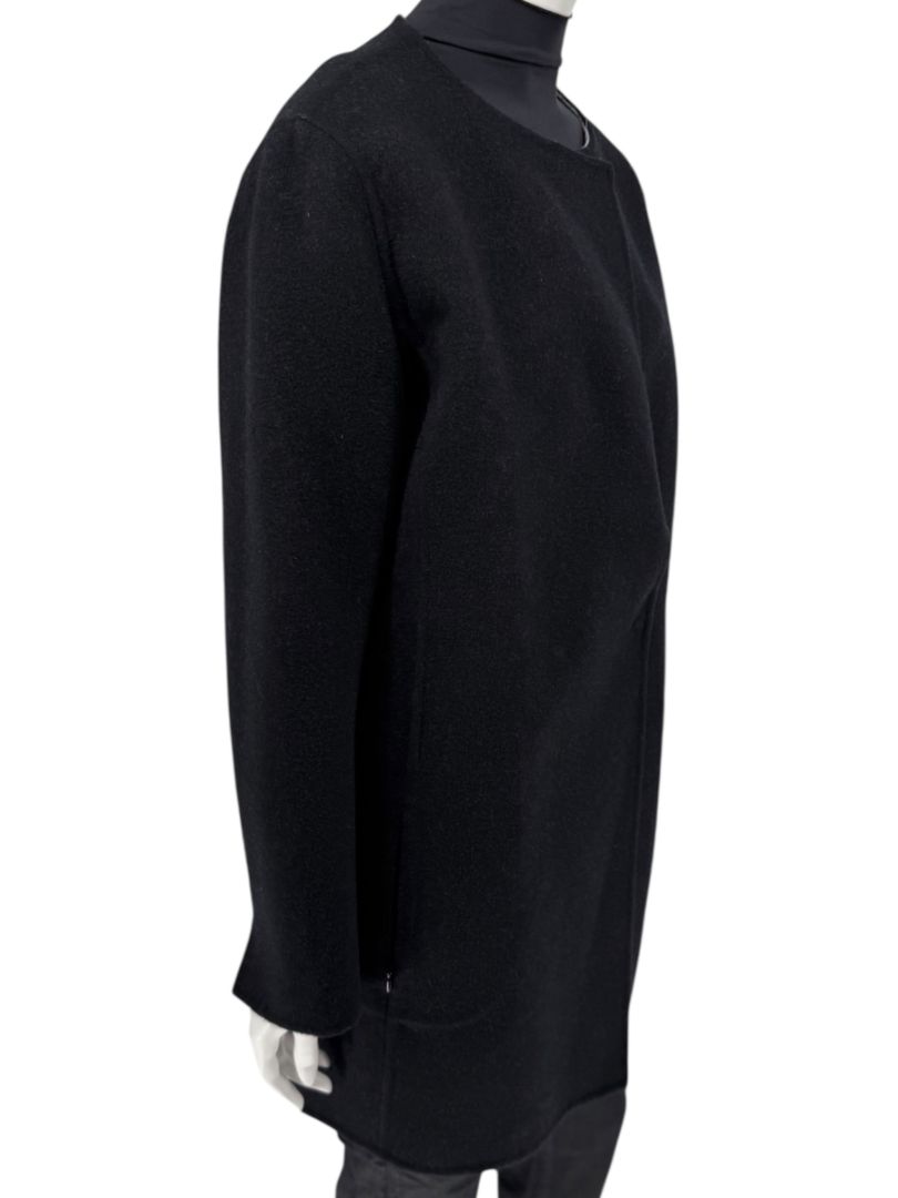 Pamella Roland Black Wool Blend Long Coat Minimalist Hidden Snap Closure - Large