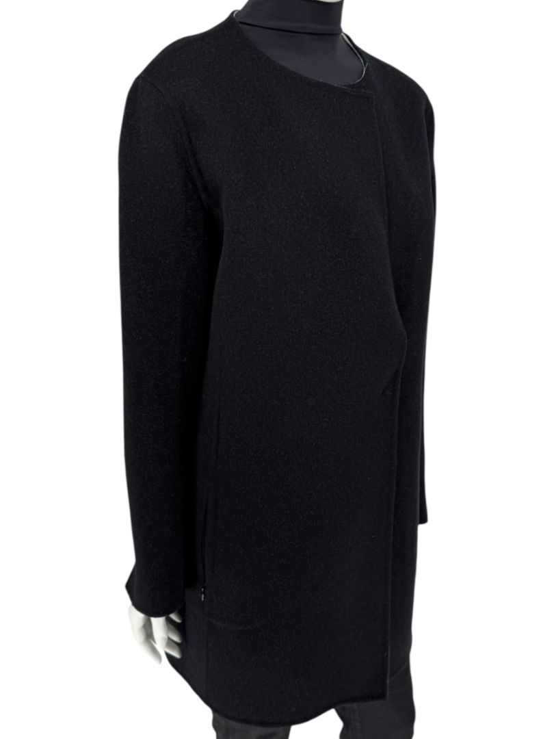 Pamella Roland Black Wool Blend Long Coat Minimalist Hidden Snap Closure - Large