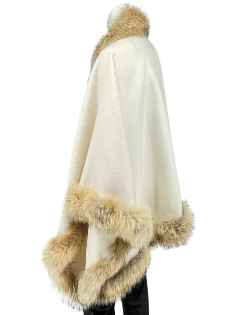 Pamella Roland Ivory Wool Cape Jacket with Natural Fur Trim – O/S