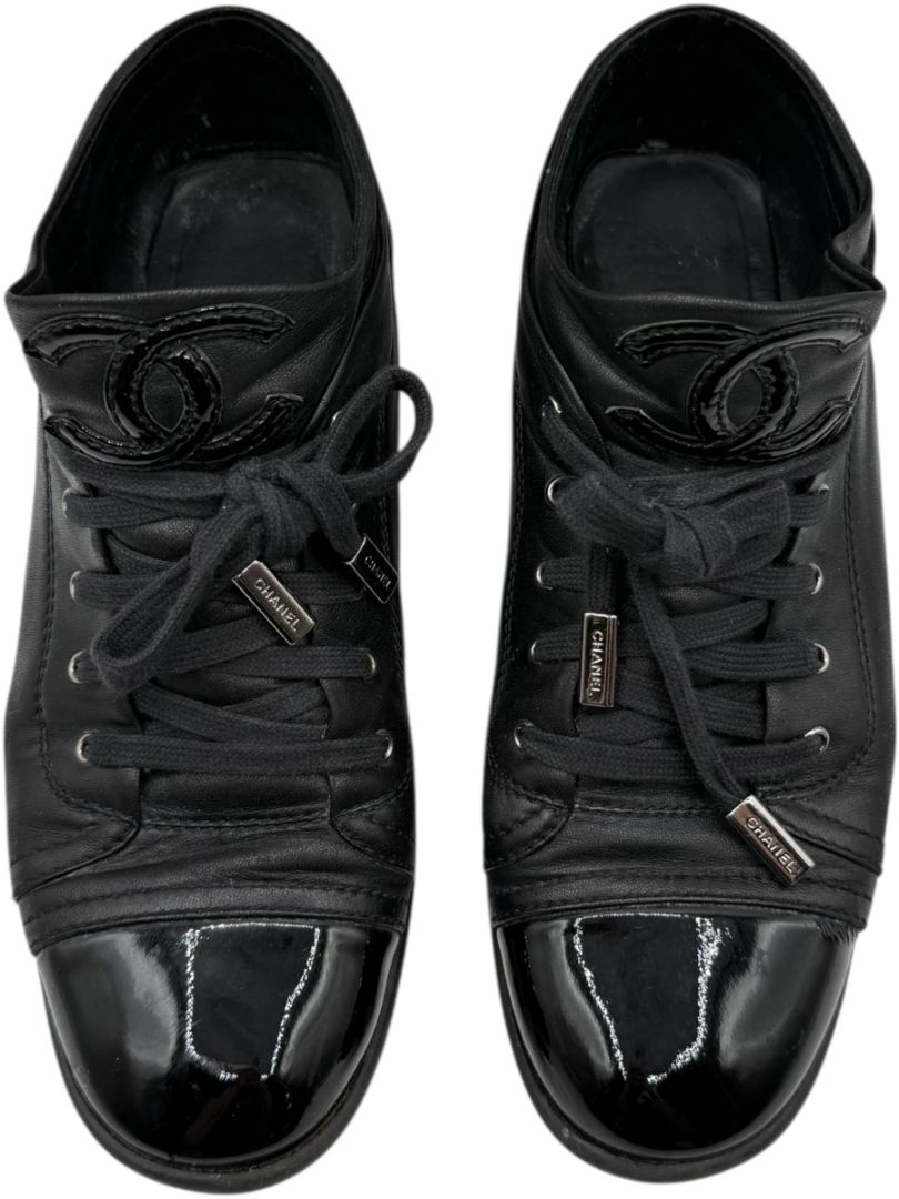 Chanel Black Leather & Patent Cap Toe Sneakers – Size 40