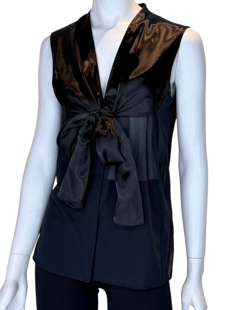 Akris Bergdorf Goodman Black Sleeveless Sheer Silk & Cotton Tie-Front Blouse – Size 10