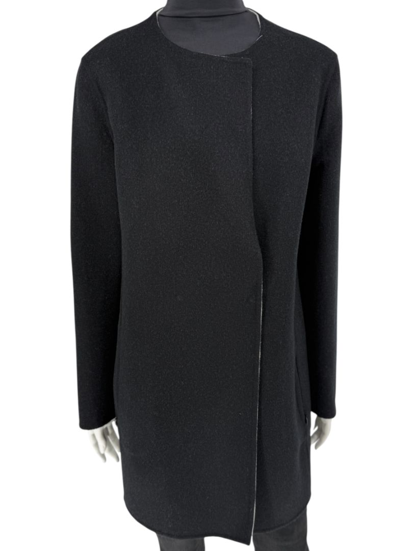 Pamella Roland Black Wool Blend Long Coat Minimalist Hidden Snap Closure - Large