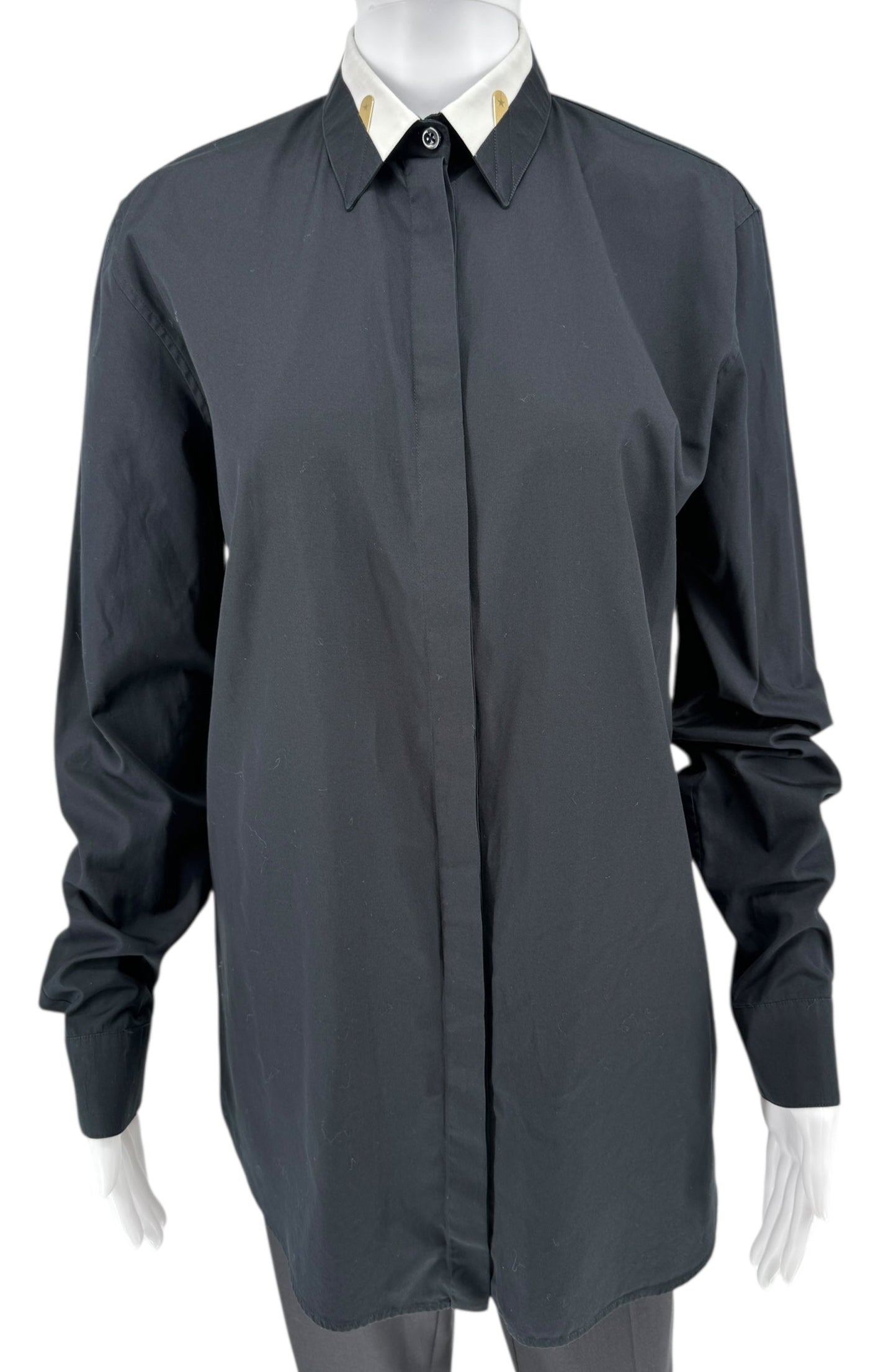 Givenchy Black Cotton Shirt with White Collar and Gold Collar Stays – Size FR 40