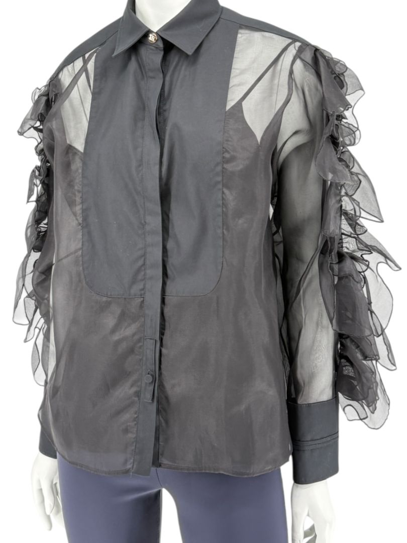 MaxMara 'Umberta' Sheer Black Silk Ruffle Blouse – Size 8