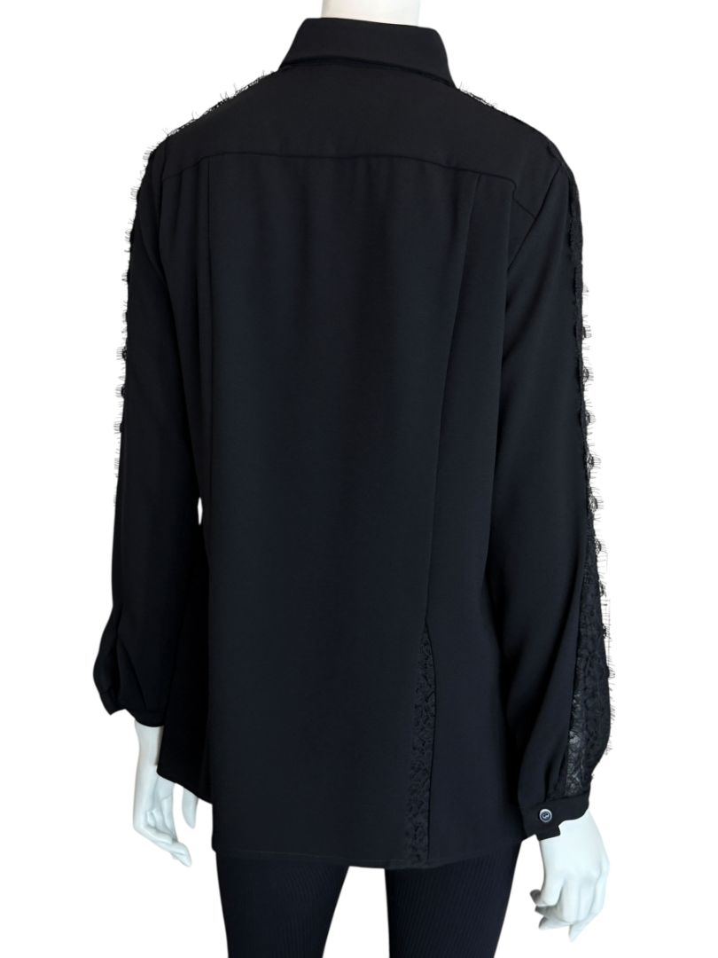 Pamella Roland Black Longsleeve Blouse with Lace Inset - Large