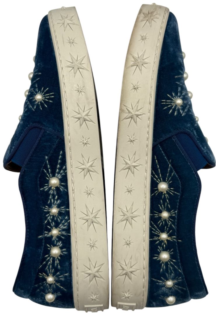 Aquazzura 'Cosmic Pearls' Slip-On Sneakers in Ocean Blue Velvet – Size 37 – Good Preowned Condition
