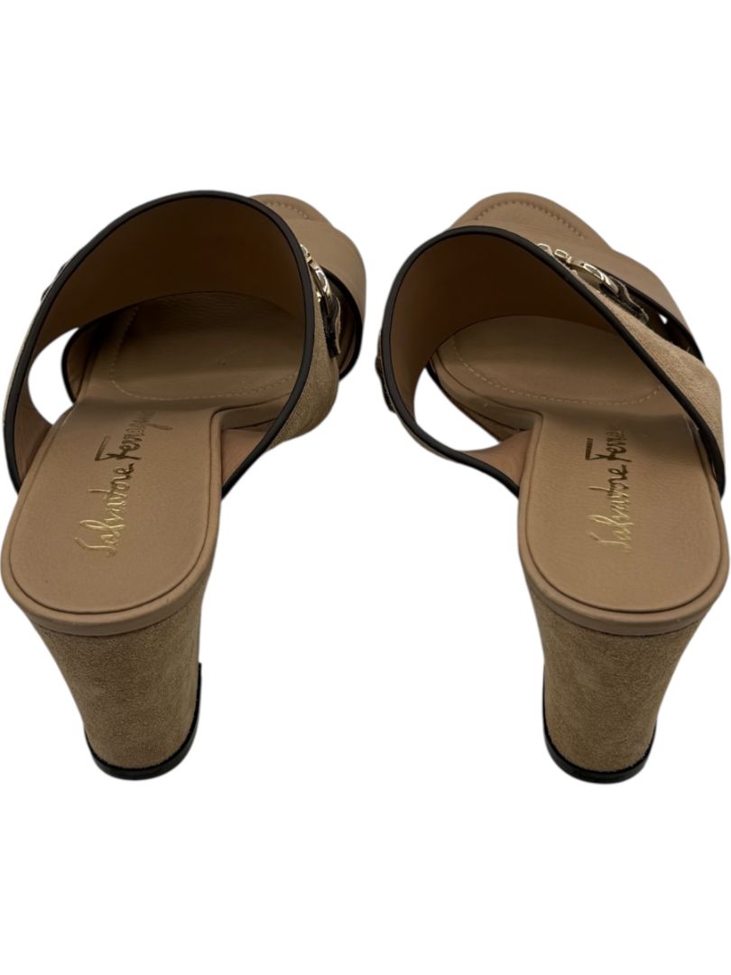 Salvatore Ferragamo Tan Leather & Suede Wedge Sandals – Size 9