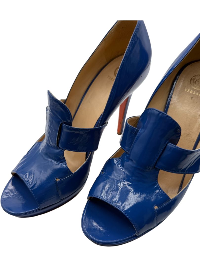 Versace Royal Blue Patent Leather Peep-Toe Heels – Size 39.5