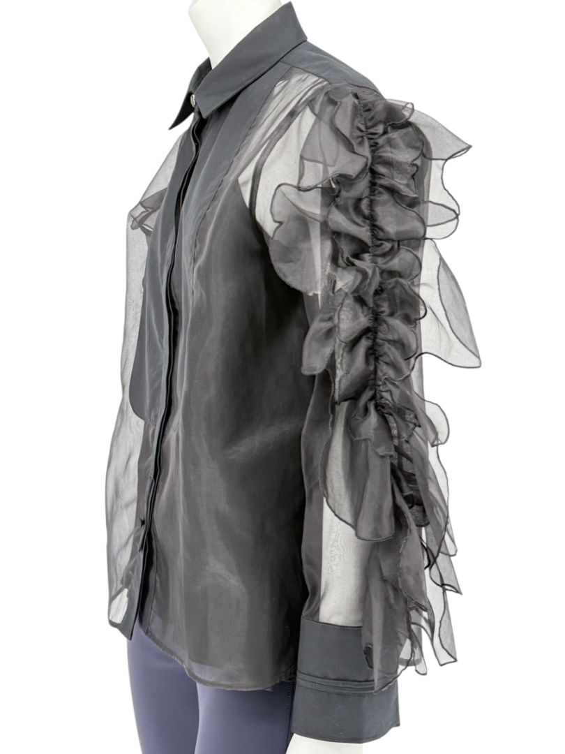 MaxMara 'Umberta' Sheer Black Silk Ruffle Blouse – Size 8