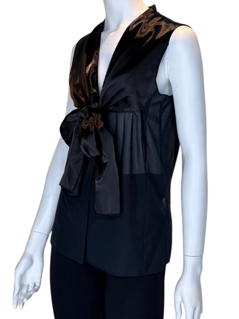 Akris Bergdorf Goodman Black Sleeveless Sheer Silk & Cotton Tie-Front Blouse – Size 10