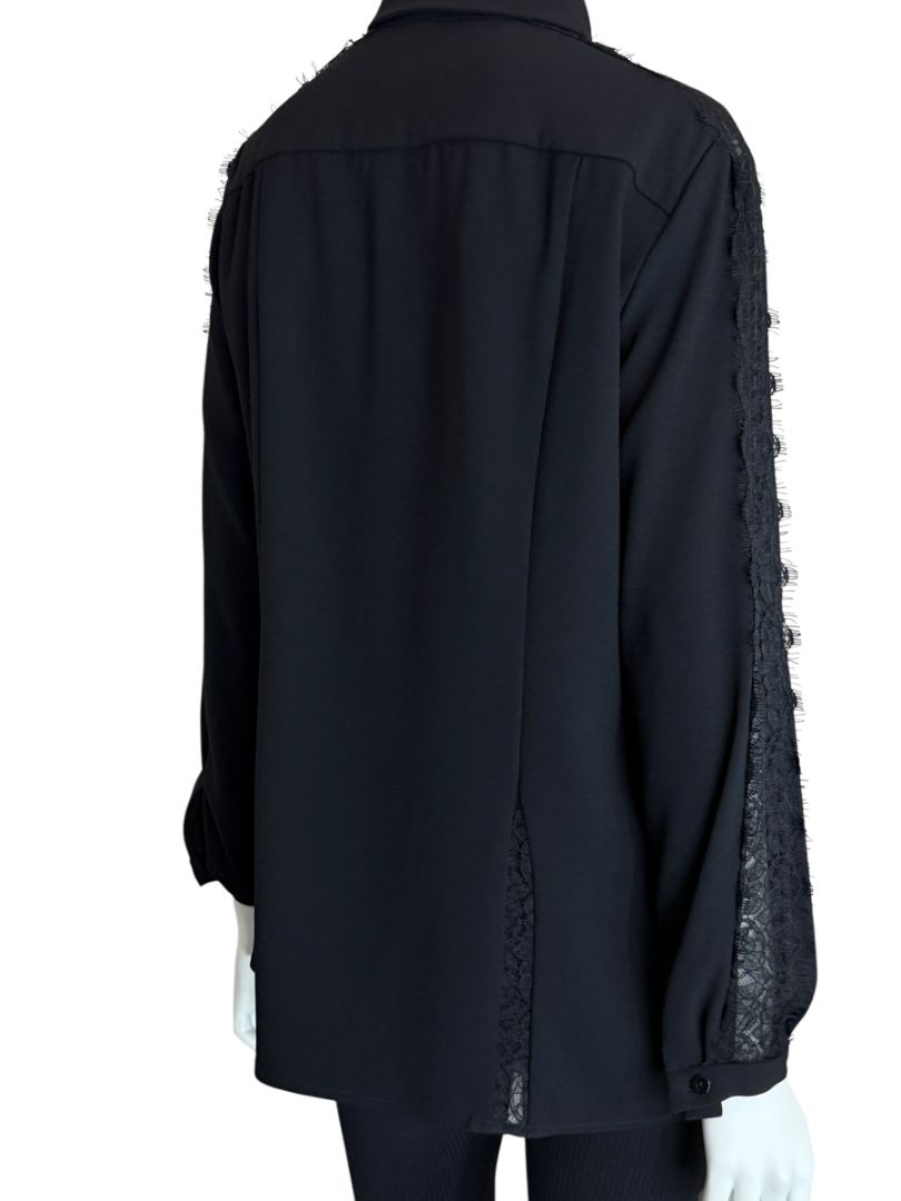 Pamella Roland Black Longsleeve Blouse with Lace Inset - Large