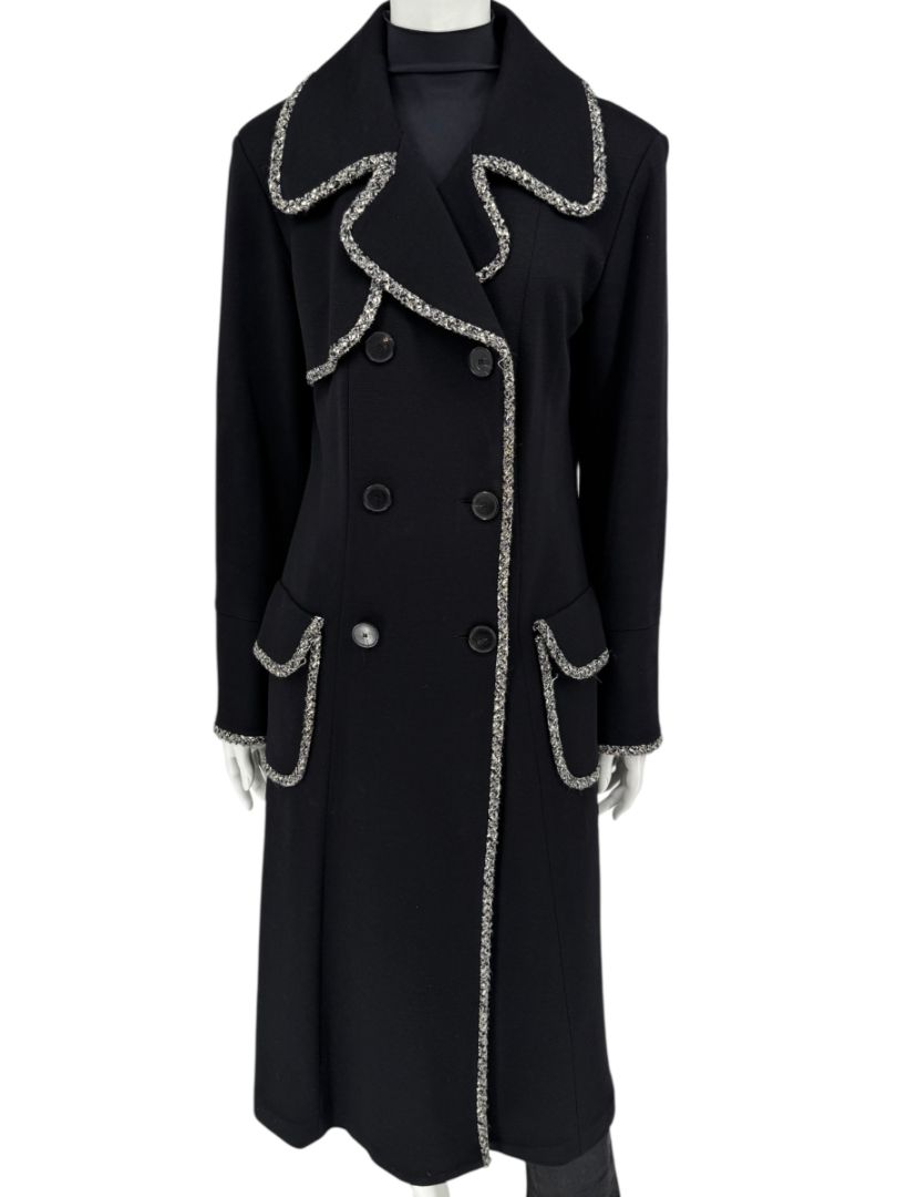 Lida Baday Black Wool Long Coat with Metallic Braid Trim – Size 12