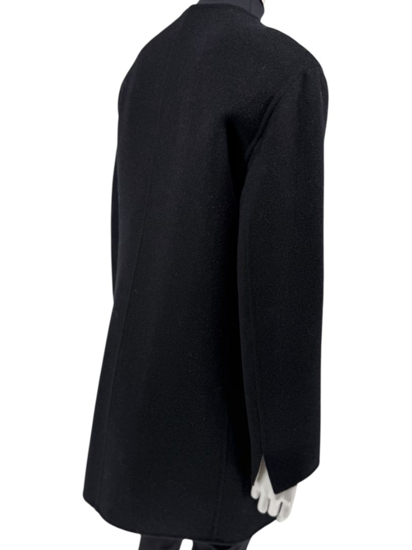 Pamella Roland Black Wool Blend Long Coat Minimalist Hidden Snap Closure - Large