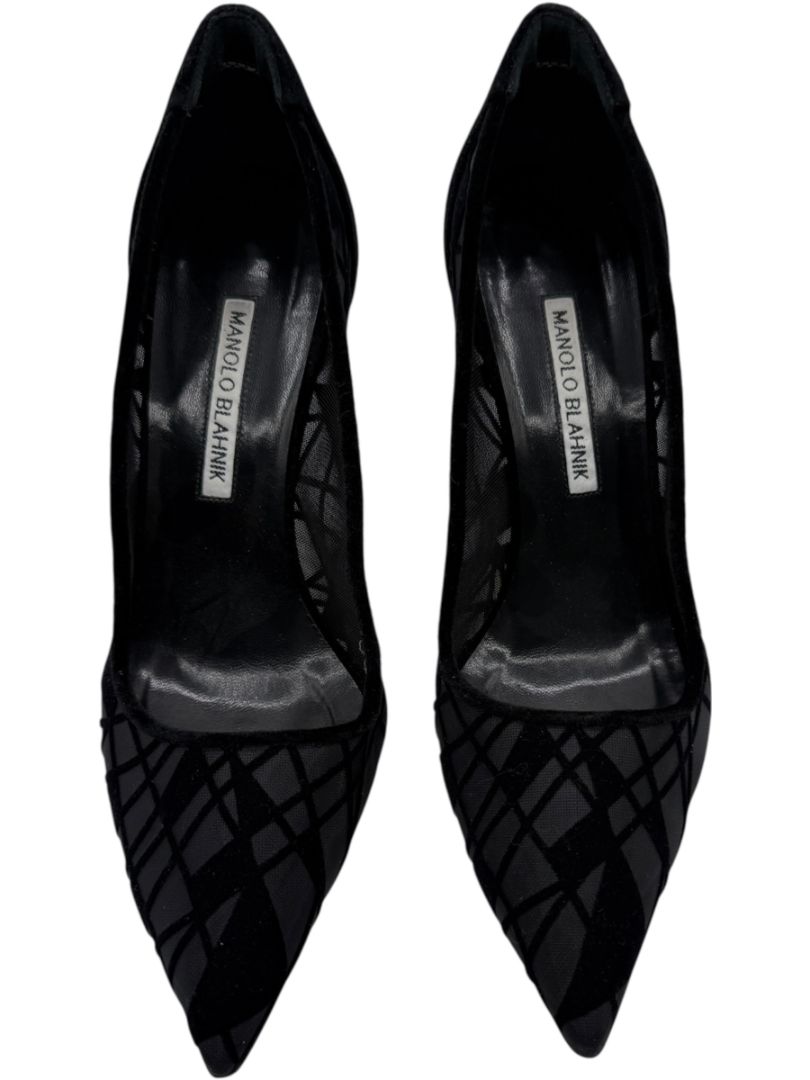 Manolo Blahnik Black Velvet & Mesh Geometric Pumps – Size 39.5