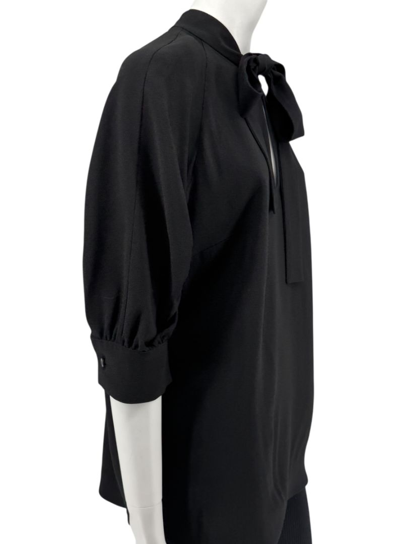 Prada Black Tie-Neck Blouse with Ruched Sleeves – Size 44