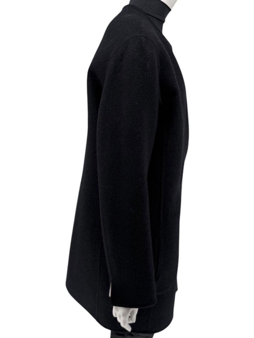 Pamella Roland Black Wool Blend Long Coat Minimalist Hidden Snap Closure - Large