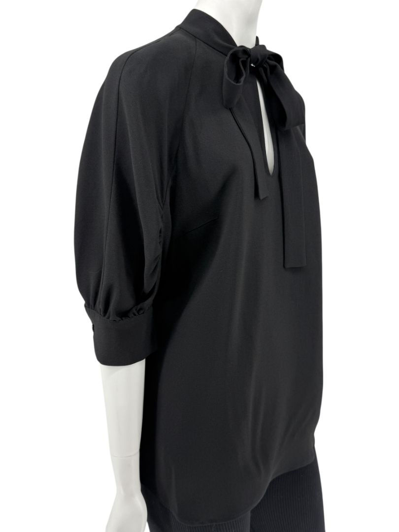 Prada Black Tie-Neck Blouse with Ruched Sleeves – Size 44