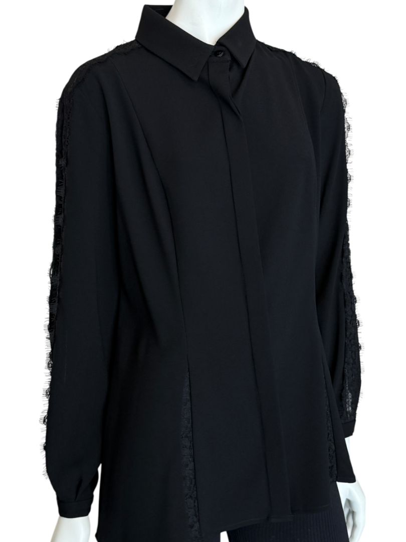 Pamella Roland Black Longsleeve Blouse with Lace Inset - Large
