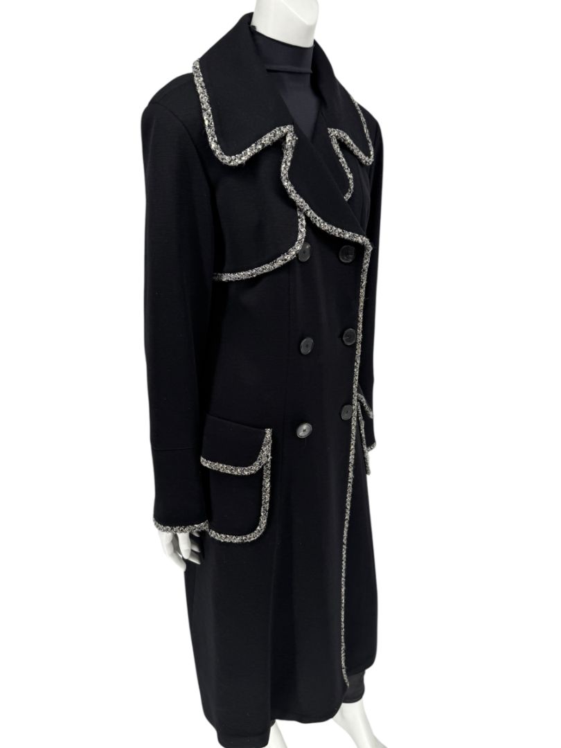 Lida Baday Black Wool Long Coat with Metallic Braid Trim – Size 12