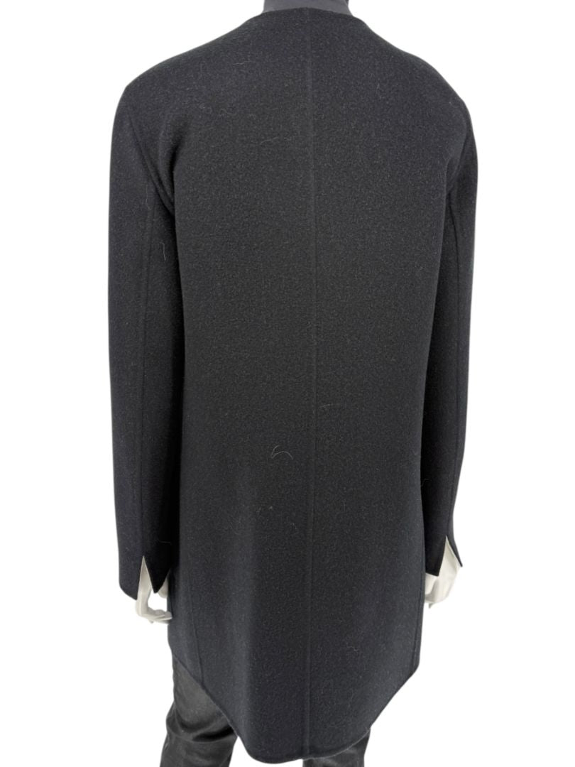Pamella Roland Black Wool Blend Long Coat Minimalist Hidden Snap Closure - Large