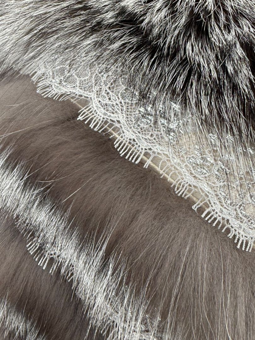 Pamella Roland Taupe Silver Fur Cape Style Jacket with Lace Trim – Sample Size Fits Like Large