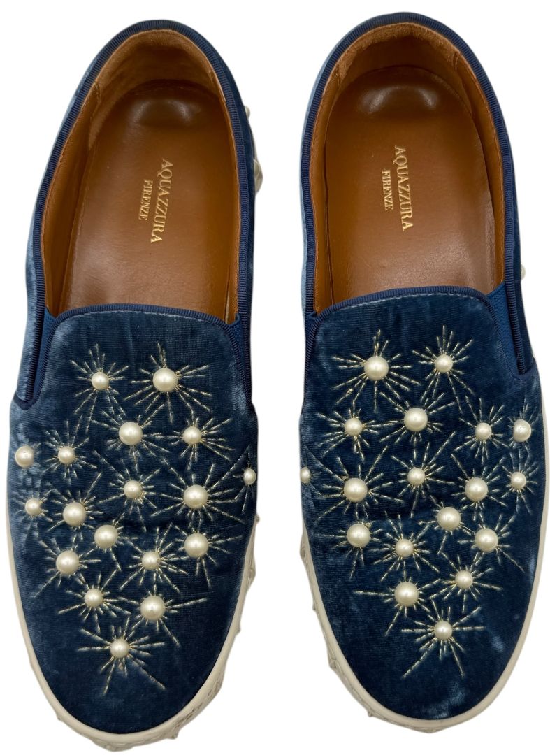 Aquazzura 'Cosmic Pearls' Slip-On Sneakers in Ocean Blue Velvet – Size 37 – Good Preowned Condition