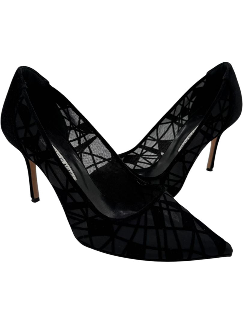 Manolo Blahnik Black Velvet & Mesh Geometric Pumps – Size 39.5