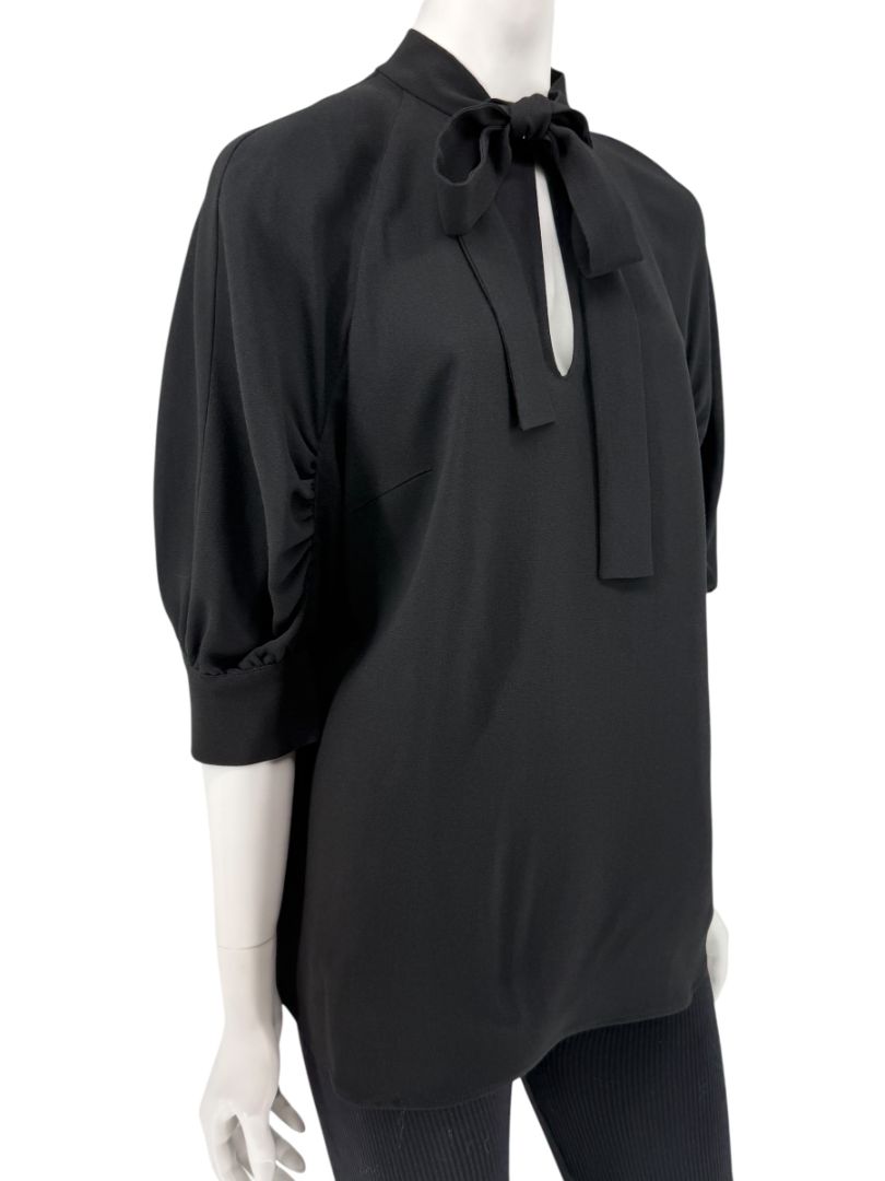 Prada Black Tie-Neck Blouse with Ruched Sleeves – Size 44