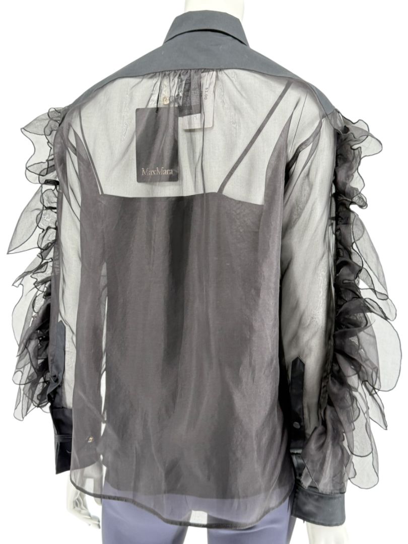 MaxMara 'Umberta' Sheer Black Silk Ruffle Blouse – Size 8