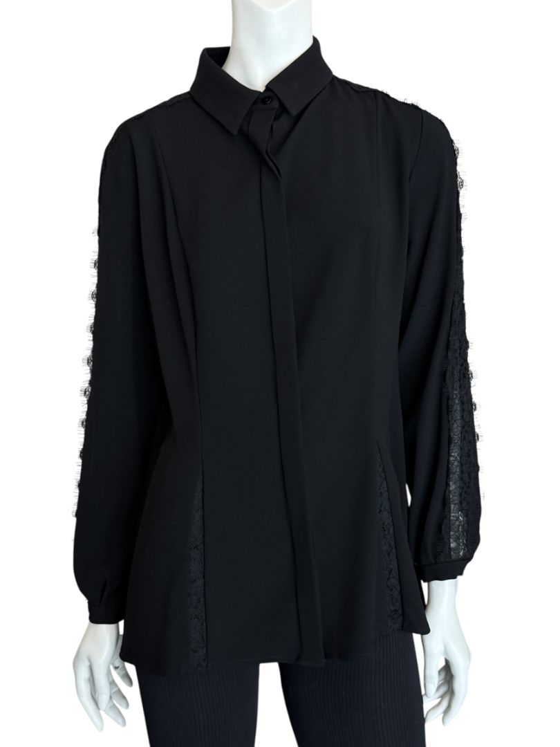 Pamella Roland Black Longsleeve Blouse with Lace Inset - Large