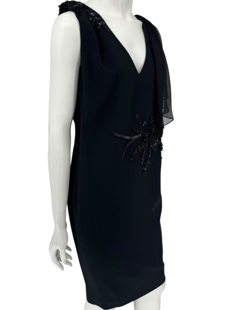 Pamella Roland Black Embellished One-Shoulder Cocktail Dress with Chiffon Drape – Large
