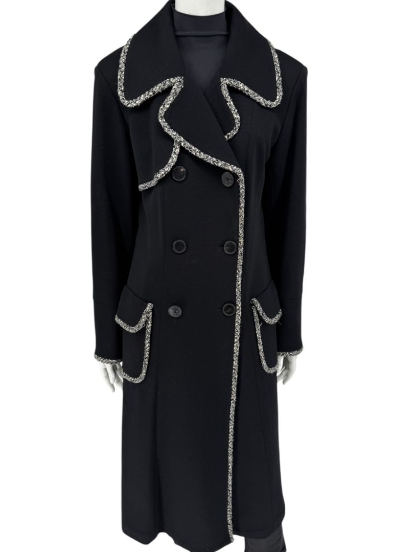 Lida Baday Black Wool Long Coat with Metallic Braid Trim – Size 12