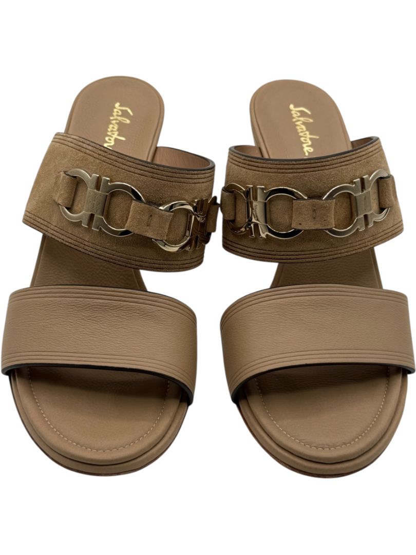 Salvatore Ferragamo Tan Leather & Suede Wedge Sandals – Size 9