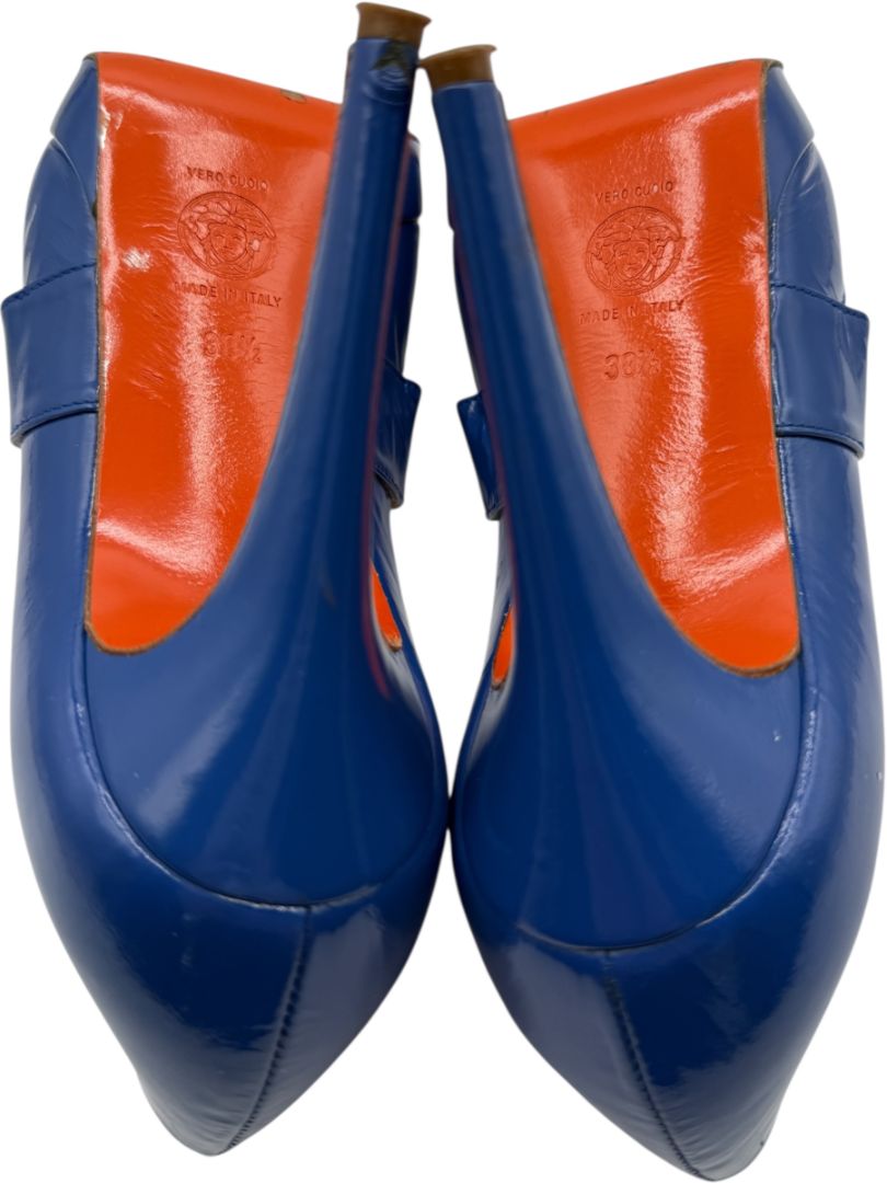 Versace Royal Blue Patent Leather Peep-Toe Heels – Size 39.5
