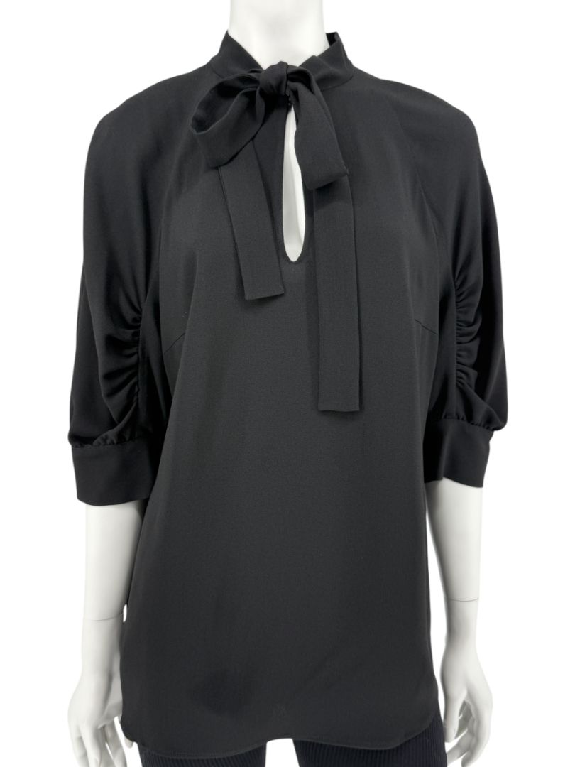 Prada Black Tie-Neck Blouse with Ruched Sleeves – Size 44