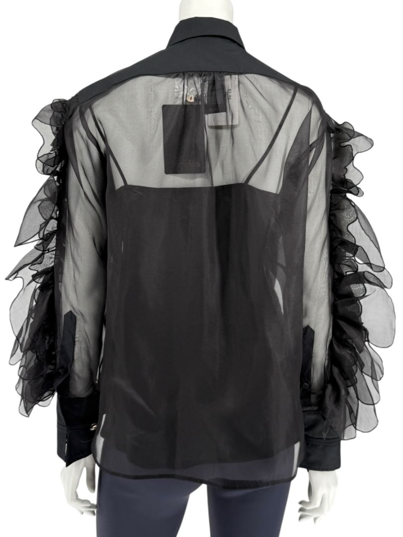 MaxMara 'Umberta' Sheer Black Silk Ruffle Blouse – Size 8