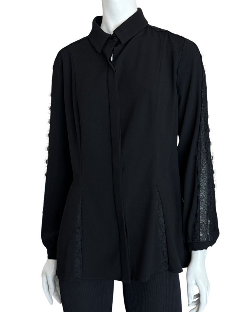 Pamella Roland Black Longsleeve Blouse with Lace Inset - Large