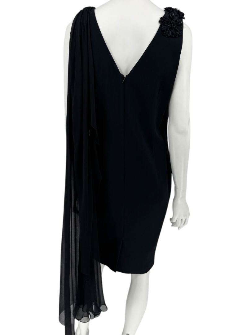 Pamella Roland Black Embellished One-Shoulder Cocktail Dress with Chiffon Drape – Large