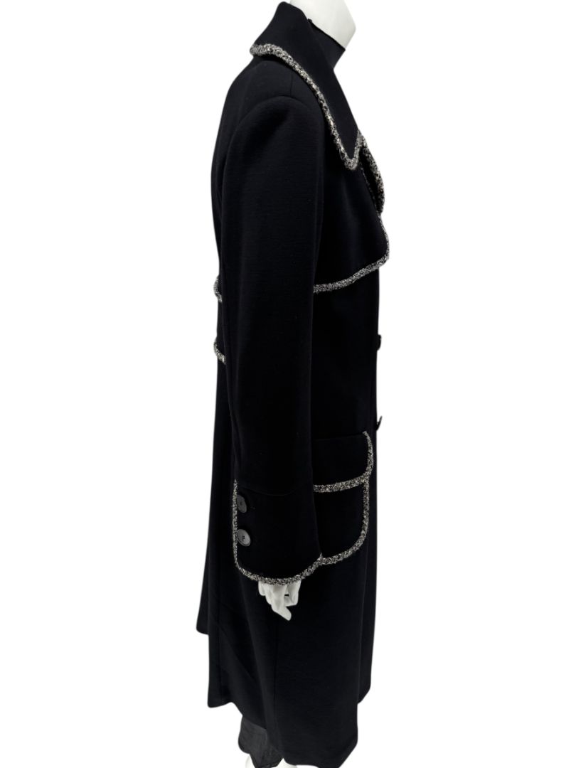 Lida Baday Black Wool Long Coat with Metallic Braid Trim – Size 12
