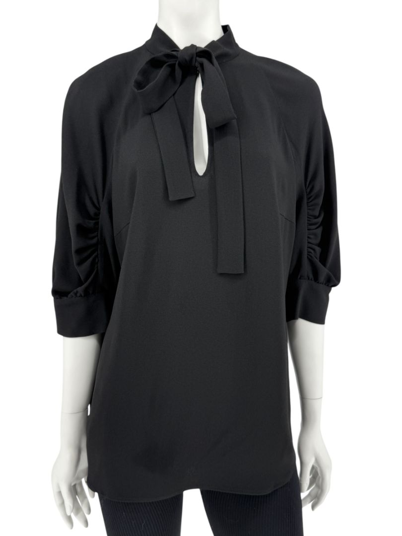 Prada Black Tie-Neck Blouse with Ruched Sleeves – Size 44