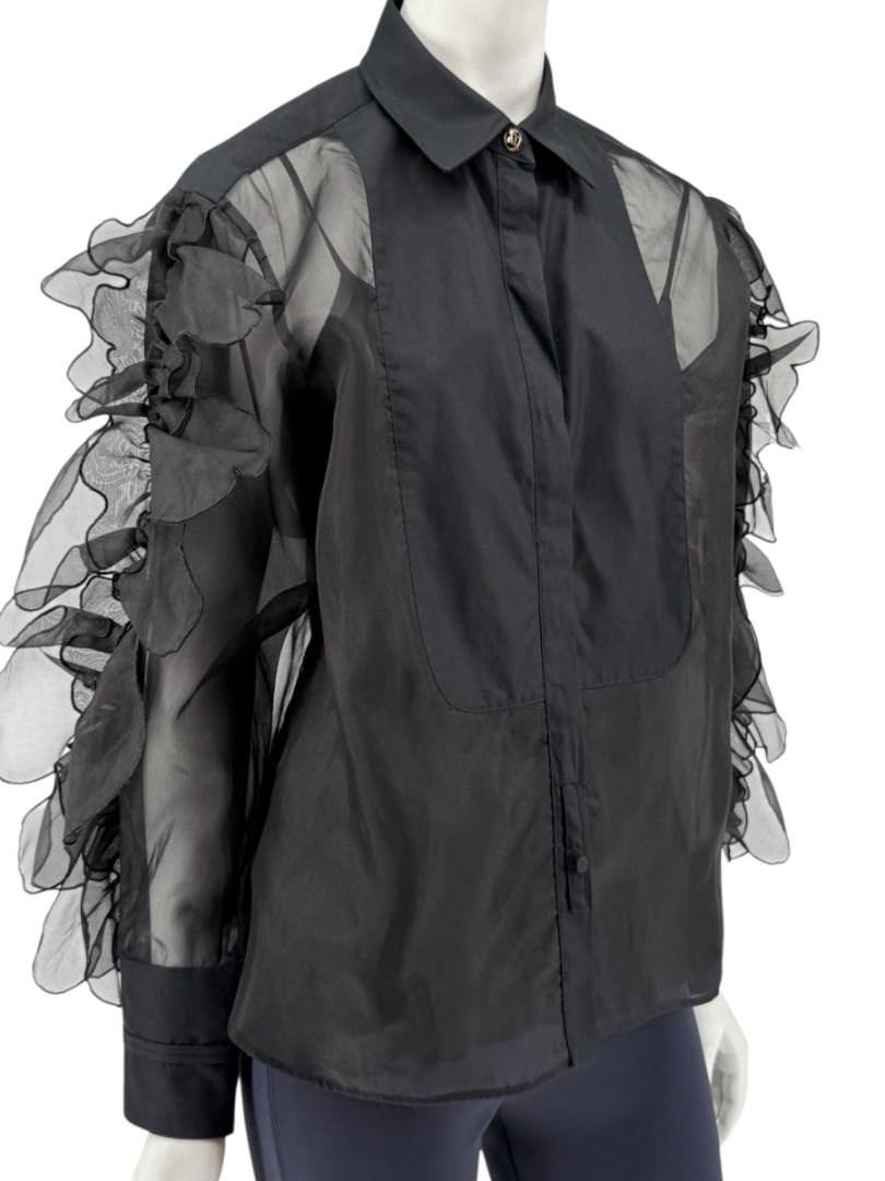 MaxMara 'Umberta' Sheer Black Silk Ruffle Blouse – Size 8