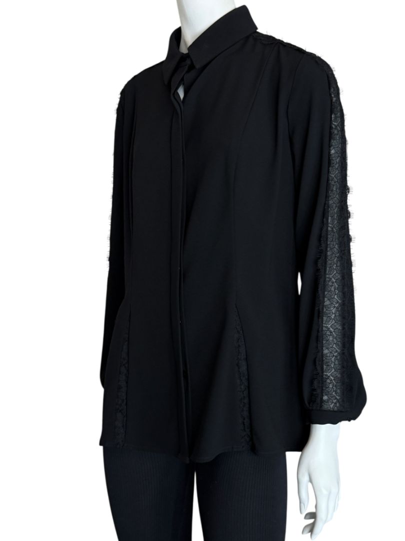 Pamella Roland Black Longsleeve Blouse with Lace Inset - Large
