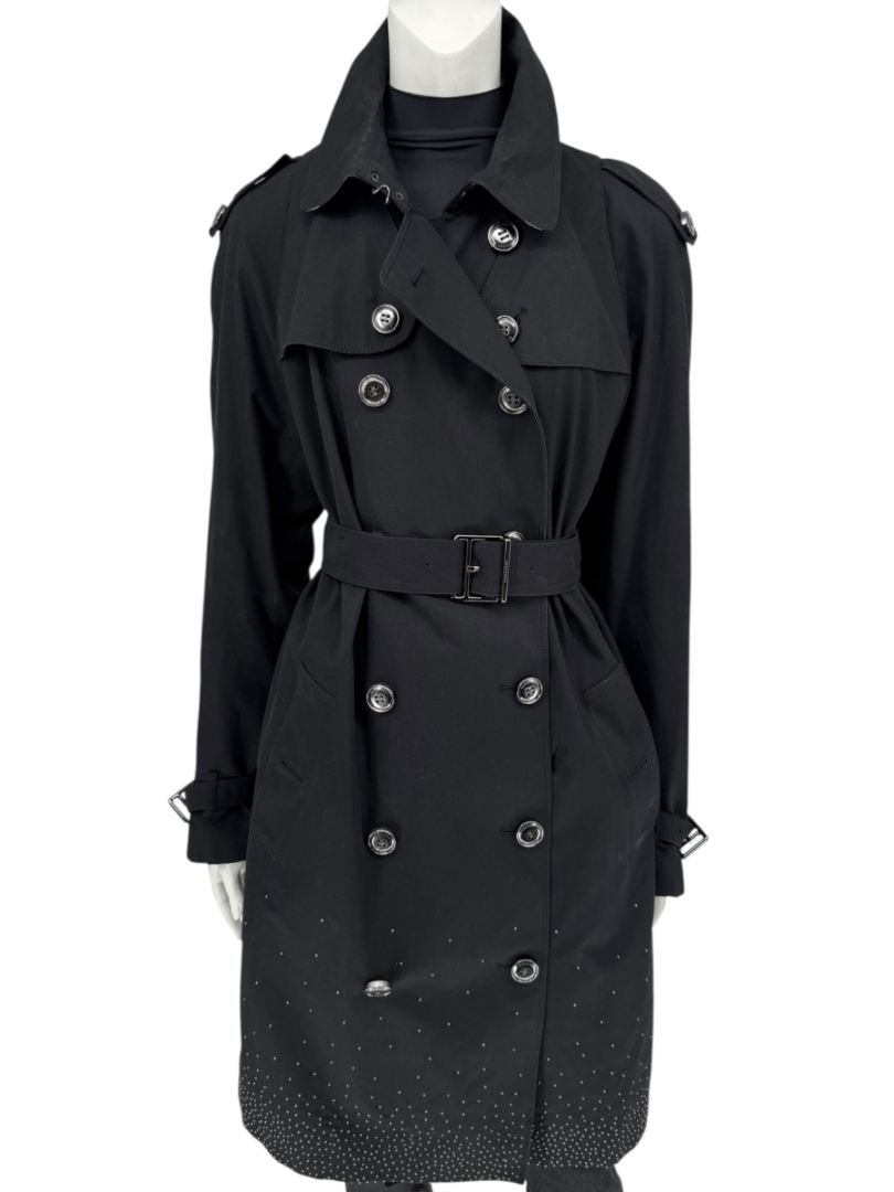 Burberry London Black Cotton Trench Coat with Crystal Bead Hem – Size USA 14 / IT 48