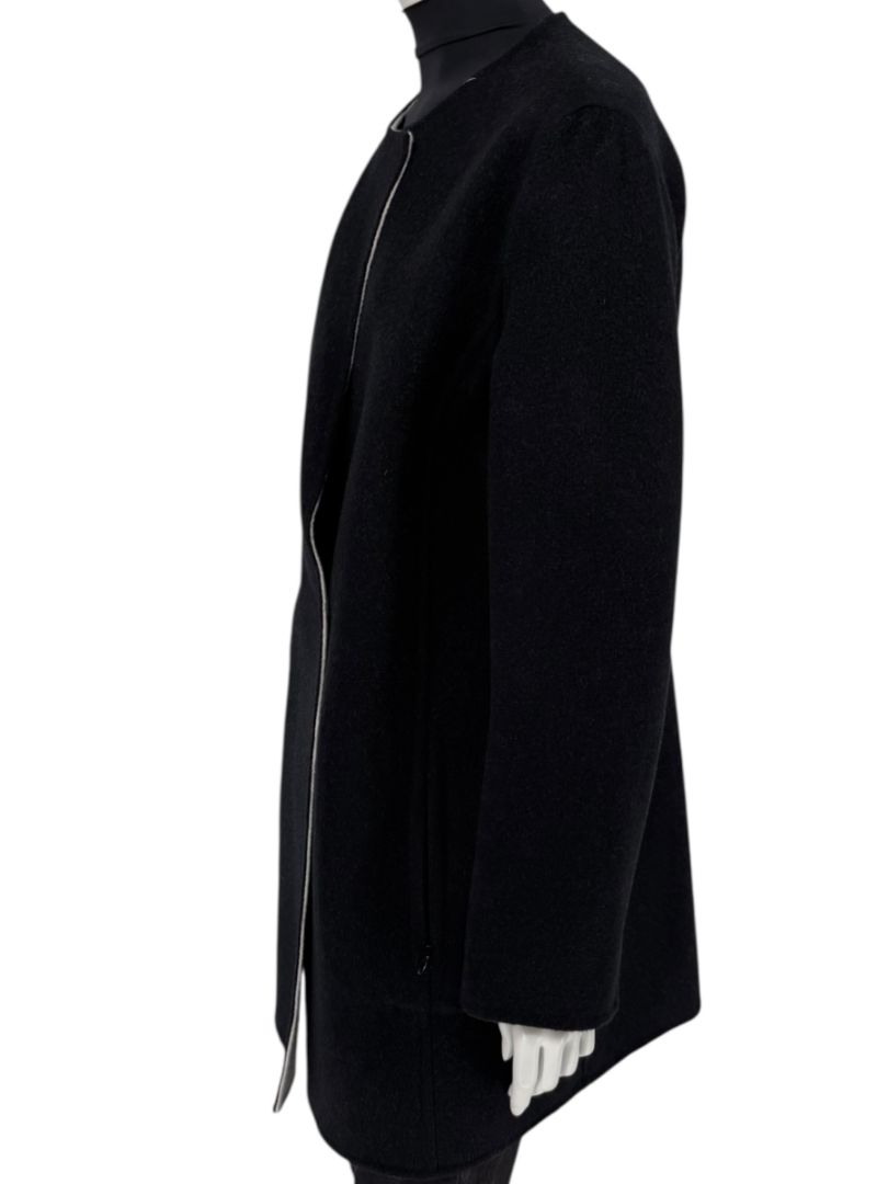Pamella Roland Black Wool Blend Long Coat Minimalist Hidden Snap Closure - Large