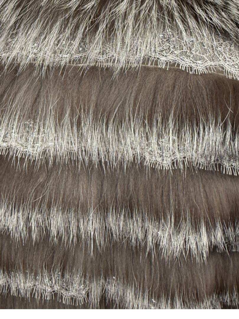 Pamella Roland Taupe Silver Fur Cape Style Jacket with Lace Trim – Sample Size Fits Like Large